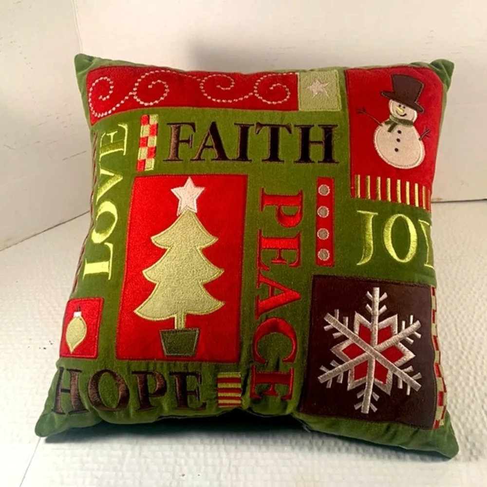 Embroidered 13 “ Green Velvet Christmas Pillow With Well Wishes